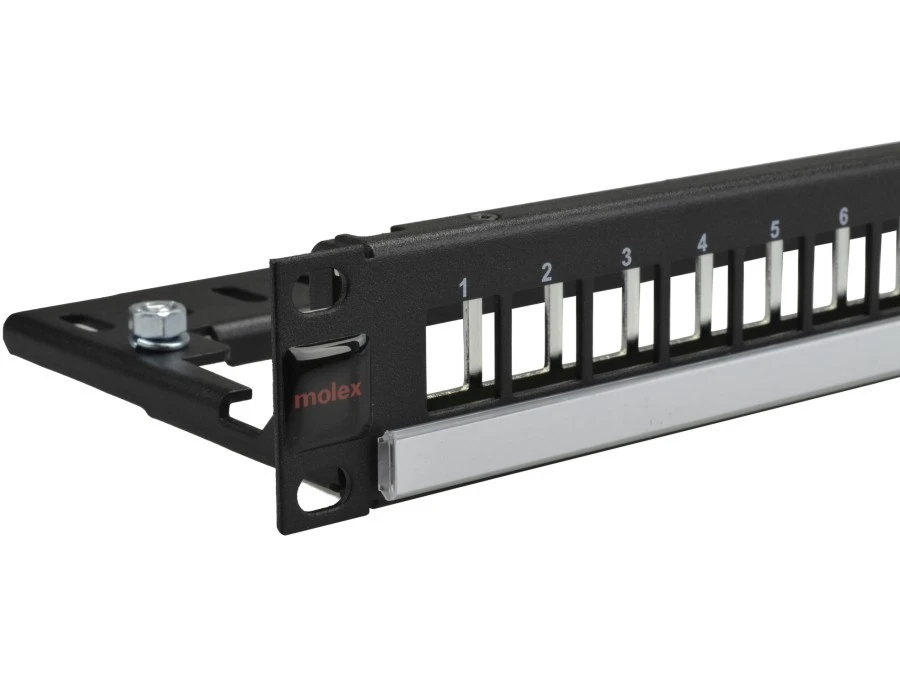 Patch panel pusty RACK 19 1U na 24 moduły keystone z półką czarny Molex ...