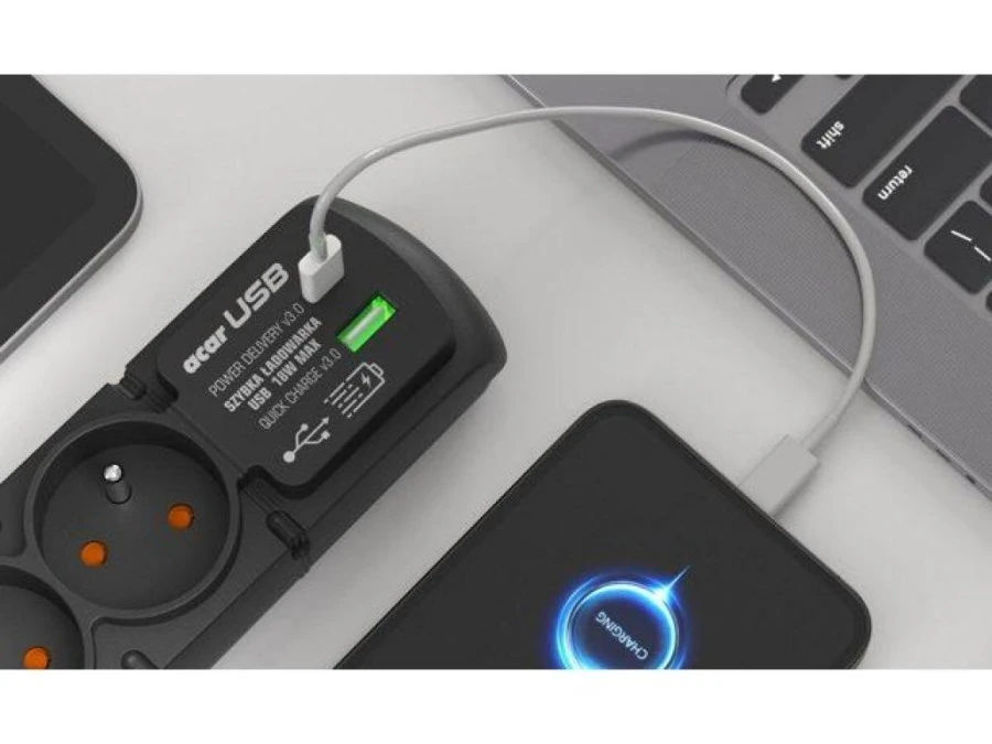 Listwa zasilająca ACAR S6 USB A+C 1.5M 6X 230V PL PD 3.0 QC czarna ...