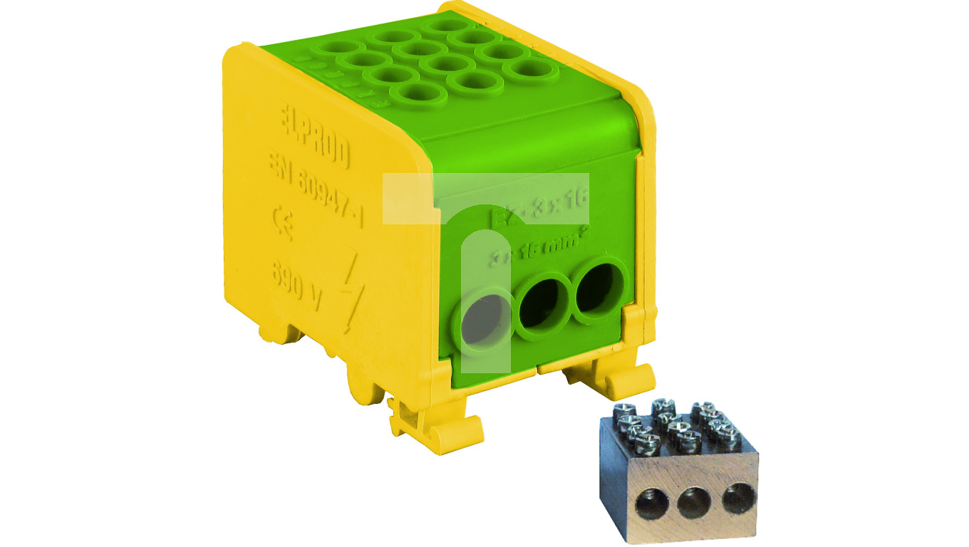 Odgałęźnik instalacyjny 1-torowy (3x16mm²/3x16mm²) LZ1*16/16/16 mocowanie na TS 35, żółto-zielony 84170009