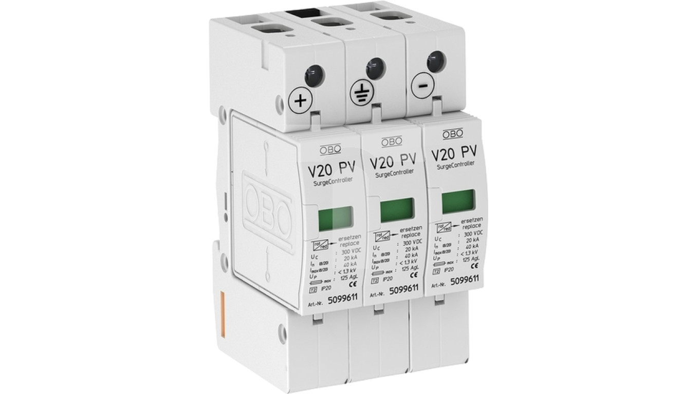 Ogranicznik przepięć PV ze zdalną sygnalizacją 600V DC C Typ 2 3P 20kA 2,6kV V20-C 3PHFS-600 5094576