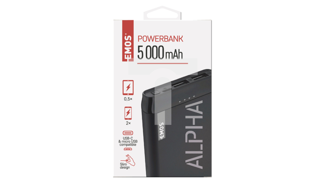 Powerbank EMOS ALPHA 5000 mAh czarny, microUSB + USB C, slim B0521B