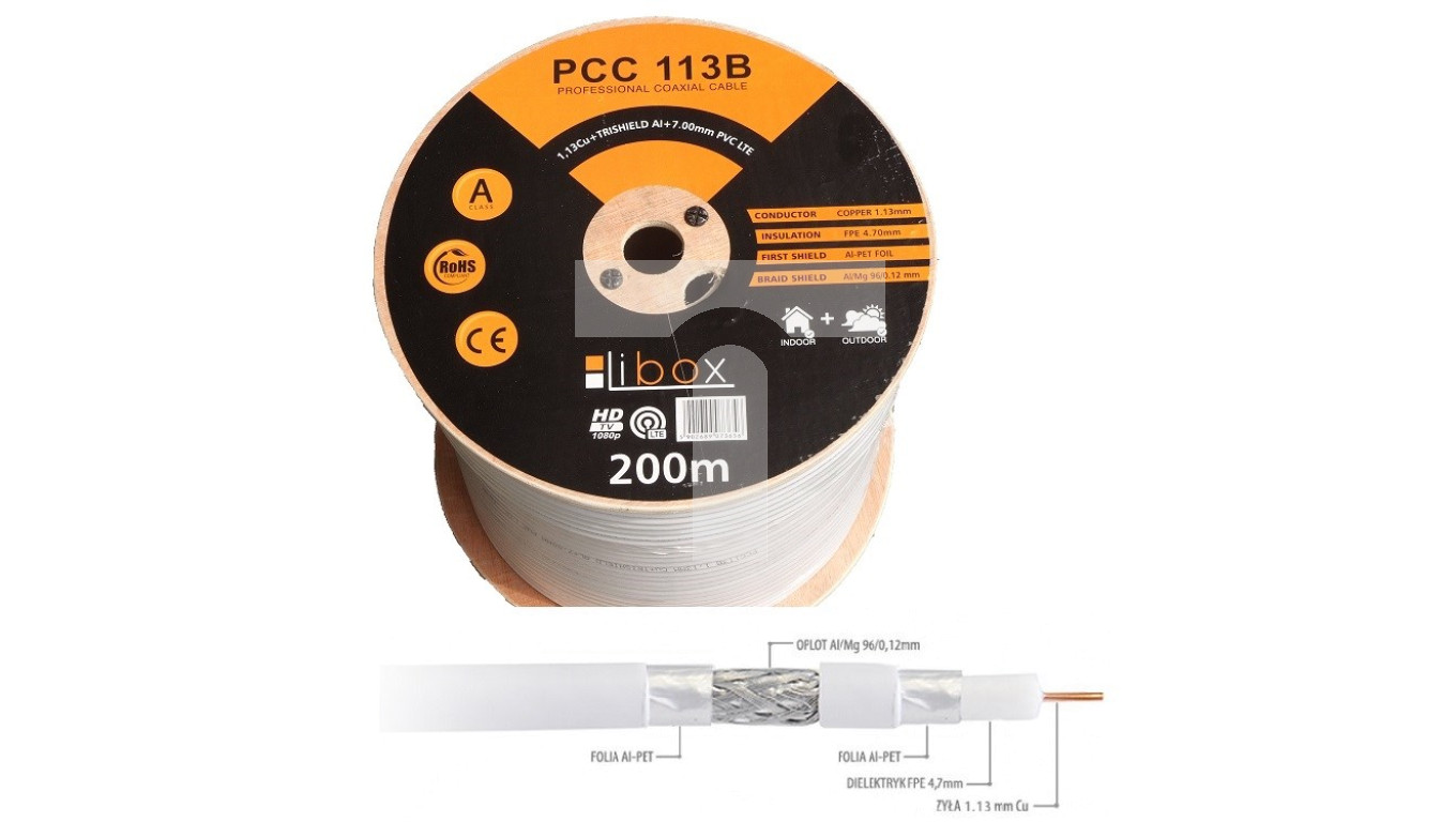 Przewód koncentryczny SAT 1,13/4,7 LIBOX reakcja na ogień Eca PCC113B /200m/
