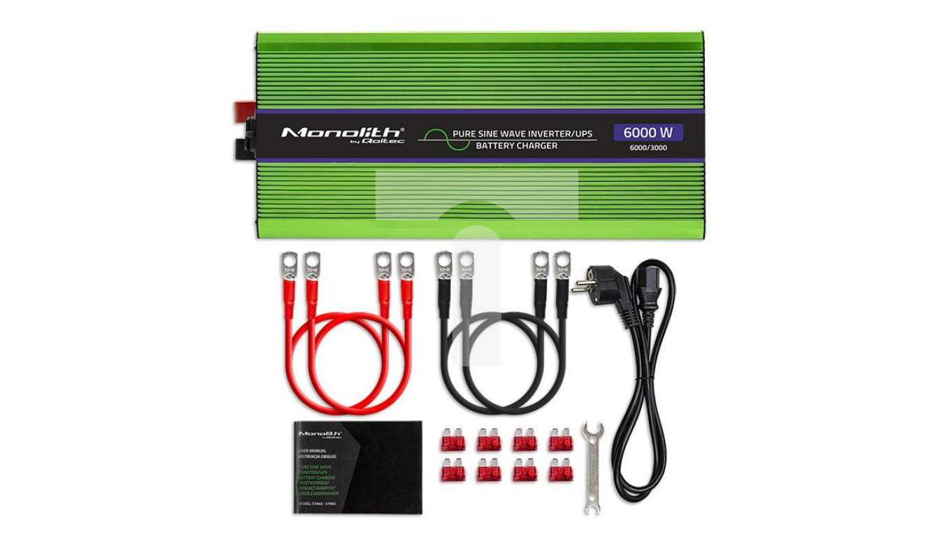 Qoltec Przetwornica napięcia Monolith ładowanie baterii UPS 3000W 6000W 12V  na 230V Czysty Sinus LCD – Qoltec