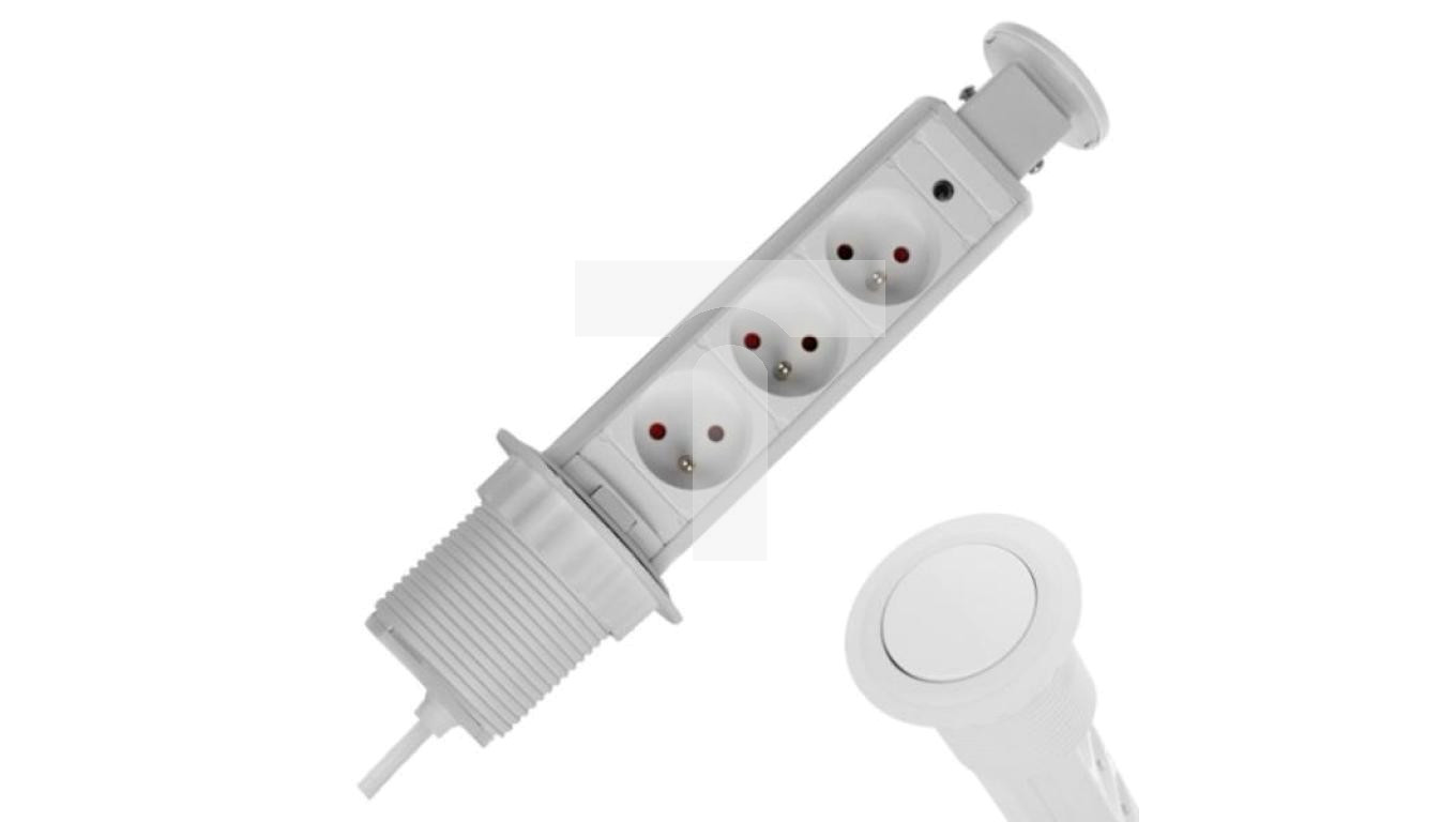 Rozgałęźnik meblowy na 3 gniazda 2P+Z 230V 16A okrągły wpuszczany w blat LIFT BOX 1,5m biały