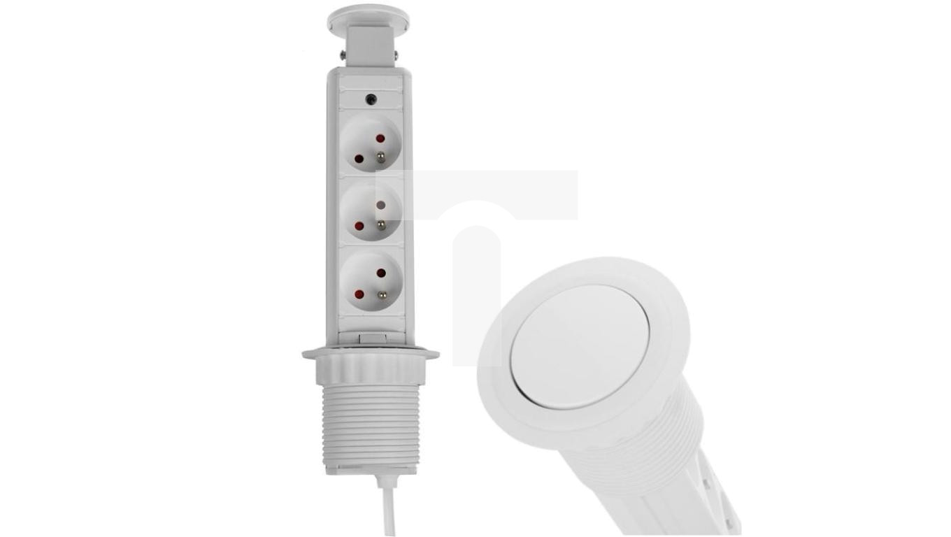 Rozgałęźnik meblowy na 3 gniazda 2P+Z 230V 16A okrągły wpuszczany w blat LIFT BOX 1,5m biały