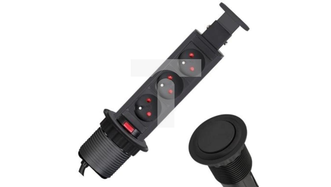 Rozgałęźnik meblowy na 3 gniazda 2P+Z 230V 16A okrągły wpuszczany w blat LIFT BOX 1,5m czarny