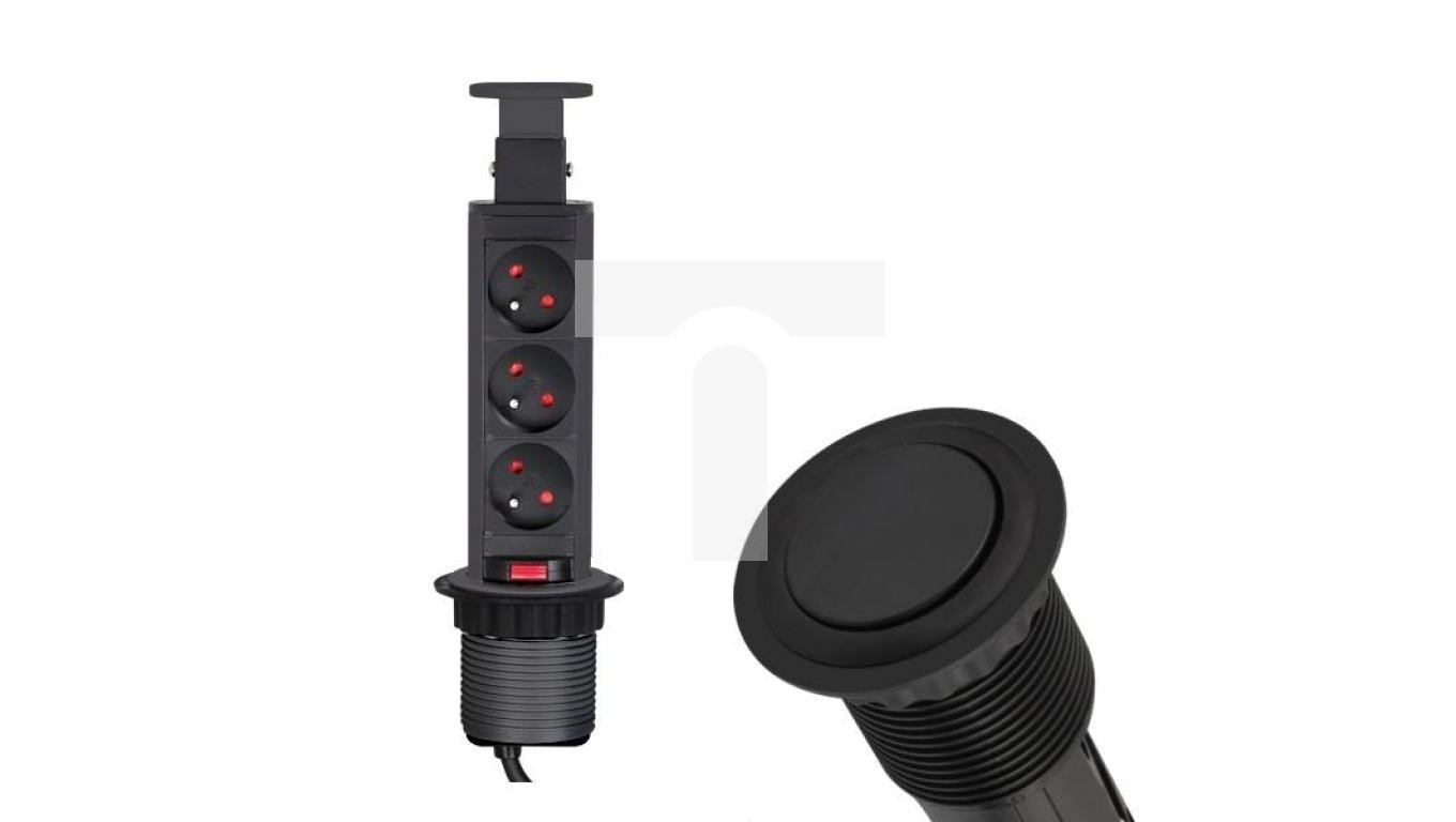 Rozgałęźnik meblowy na 3 gniazda 2P+Z 230V 16A okrągły wpuszczany w blat LIFT BOX 1,5m czarny