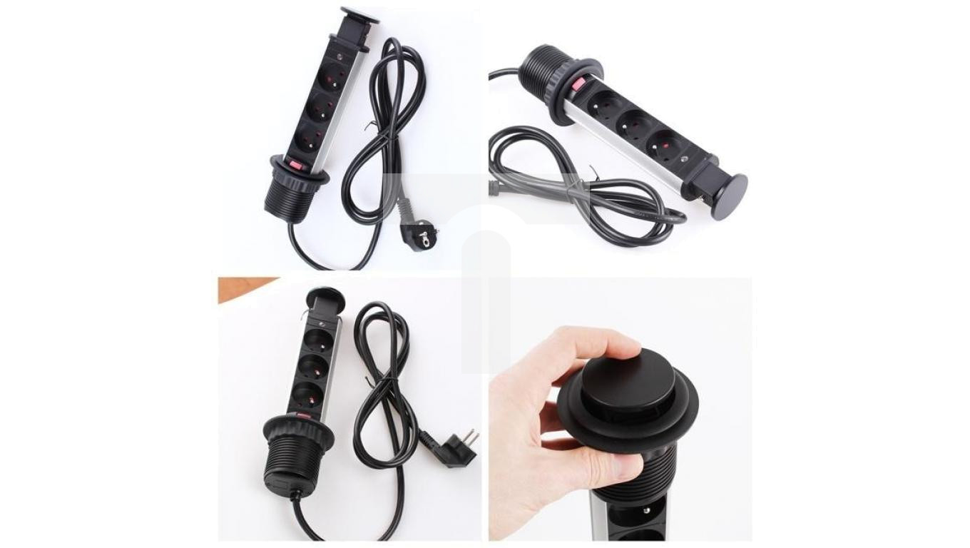 Rozgałęźnik meblowy na 3 gniazda 2P+Z 230V 16A okrągły wpuszczany w blat LIFT BOX 1,5m czarny