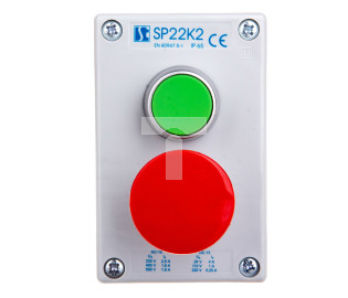 Kaseta sterownicza 2-otworowa zielony/przycisk grzybkowy czerwony 1Z 1R IP65 szara SP22K2\03-2