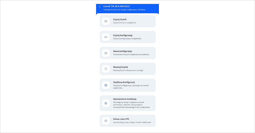 Menu konfiguracji licznika serii 7M w aplikacji Toolbox NFC