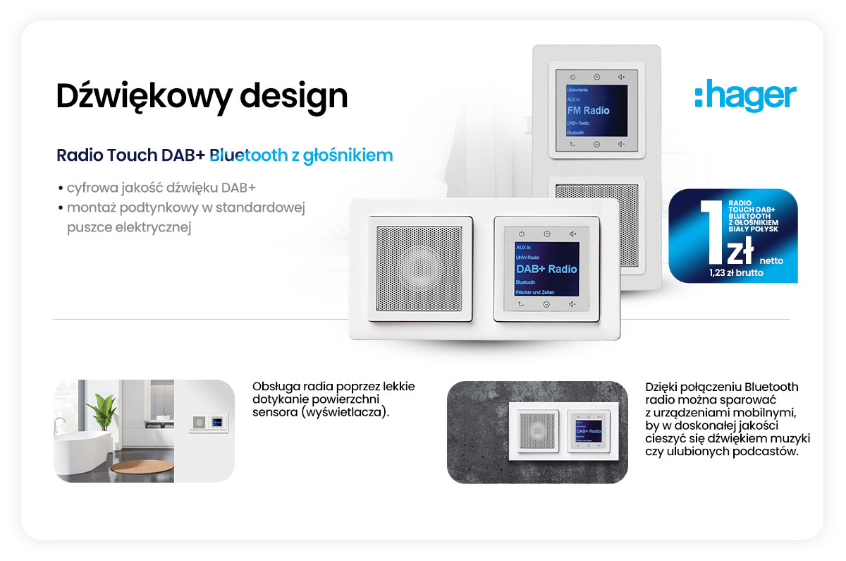 Radio Touch DAB%2B Bluetooth z glosnikiem bialy polysk w promocji HAGER ...