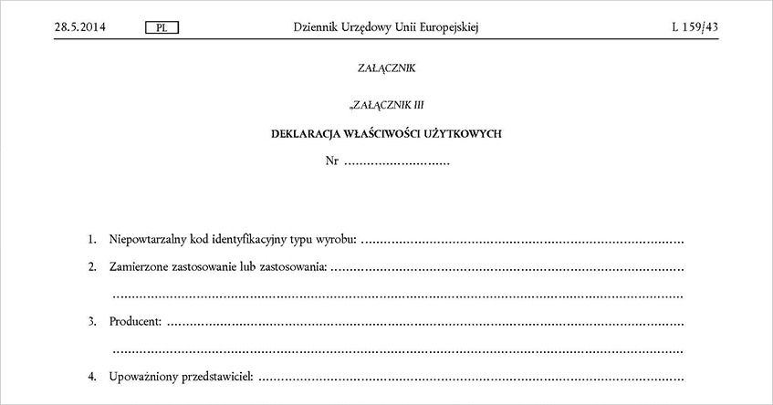 Deklaracja właściwości użytkowych “Dziennika Urzędowy Unii Europejskiej”. Rozporządzenie z dnia 21 lutego 2014 r.
