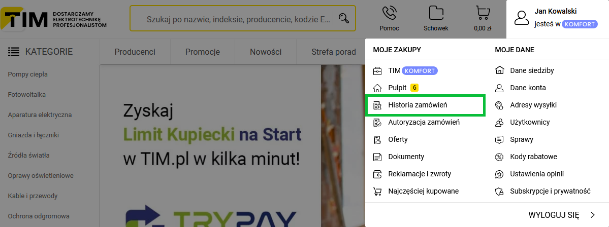 moje konto - historia zamówień