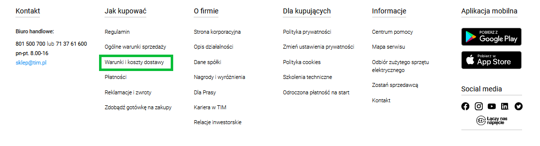 warunki dostawy dla klienta niezalogowanego