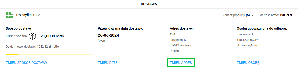 zmiana adresu dostawy