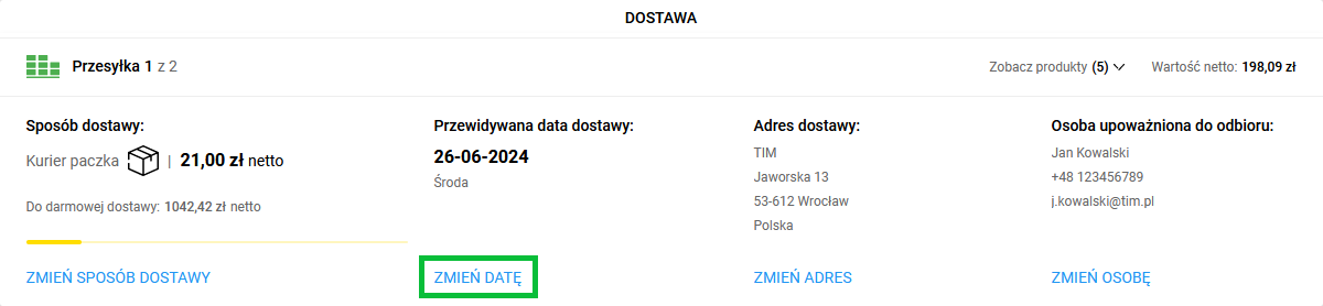 zmiana daty dostawy
