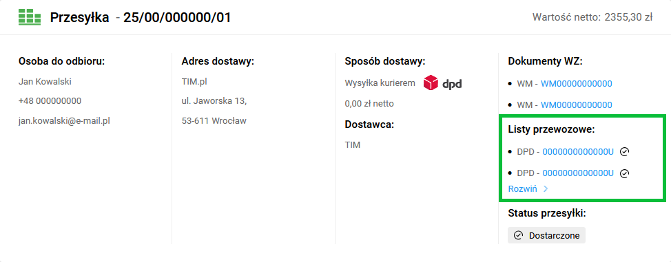 dane konta - historia zamówień