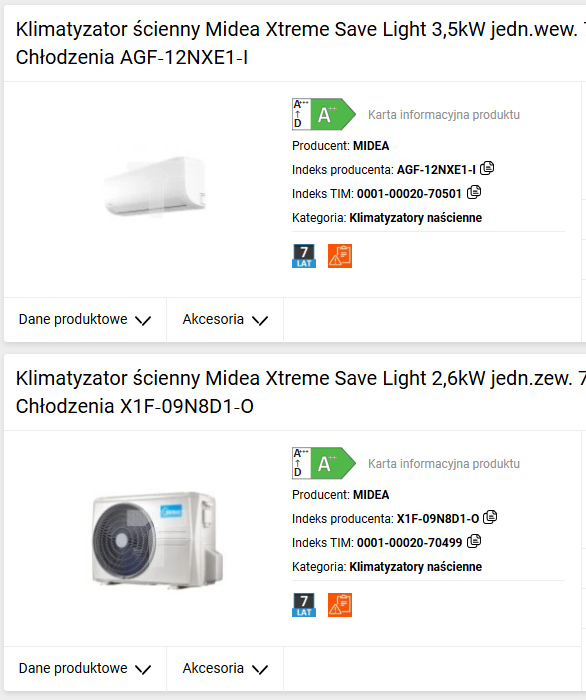 Klasy efektywności są widoczne na lisingu produktowym TIM.pl.