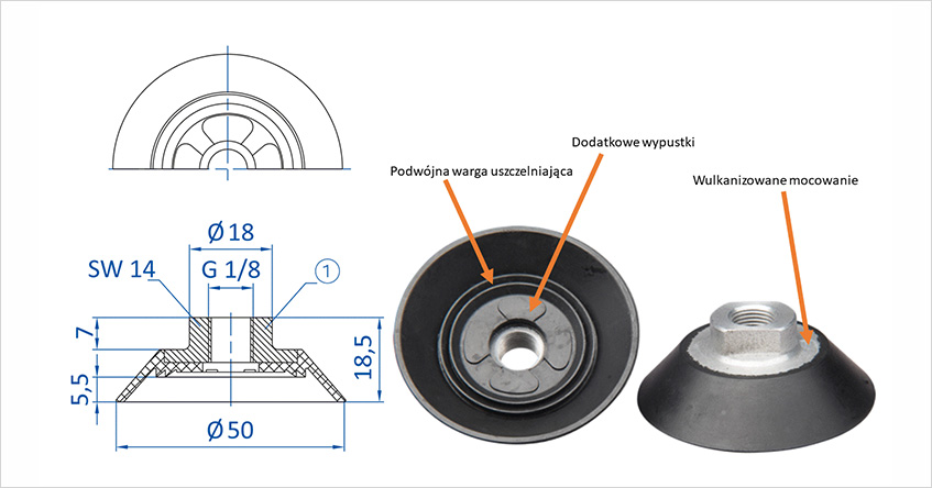 FIPA 150.050.032.9 - Przyssawka płaska 50mm z wulkanizowanym mocowaniem G1/8 żeński.