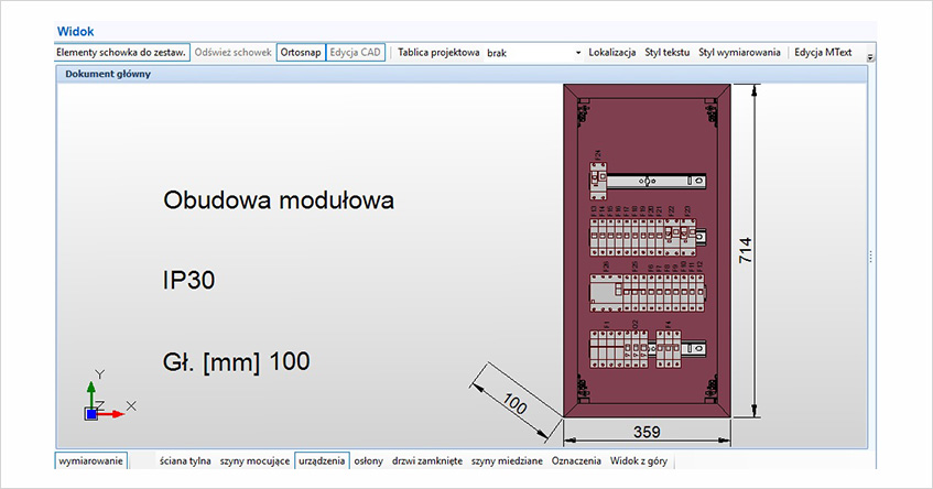 Rys. 6 Konfigurator SBC – okno widoków CAD osprzętu w rozdzielnicy