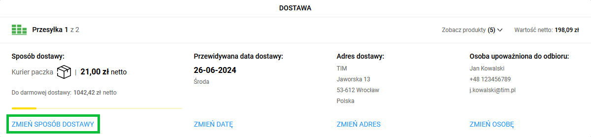 zmiana sposobu dostawy