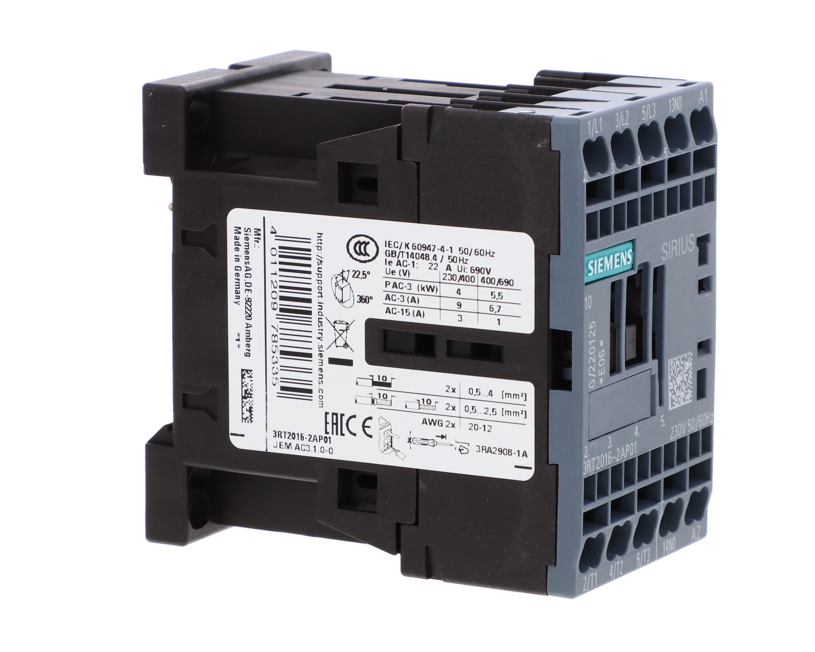 Siemens 3RT1016-2AP01 SIEMENS CONTACTOR, AC-3, 9A, 4KW/400V, 1NO