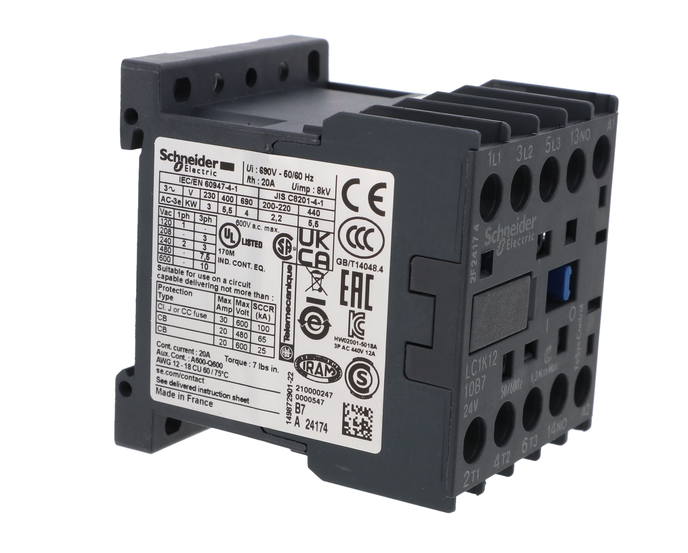 Stycznik mocy 12A 3P 24V AC 1Z 0R LC1K1210B7 – Schneider | TIM SA