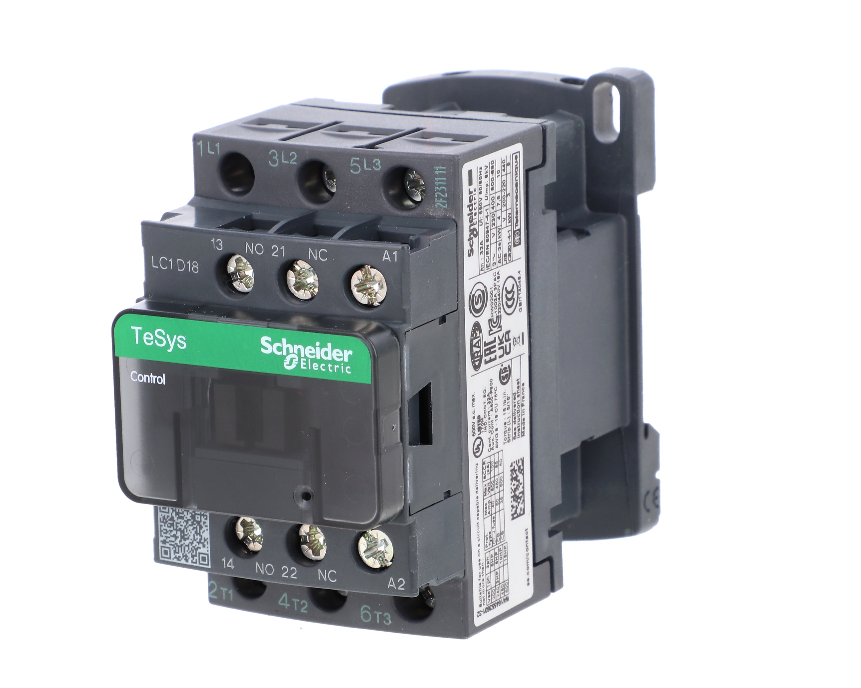 Contacteur Moteur LC1D18E7 - 18A, 48V AC, 3 Contacts NO (Normalement Ouverts) - Pour Montage Sur Rail DIN